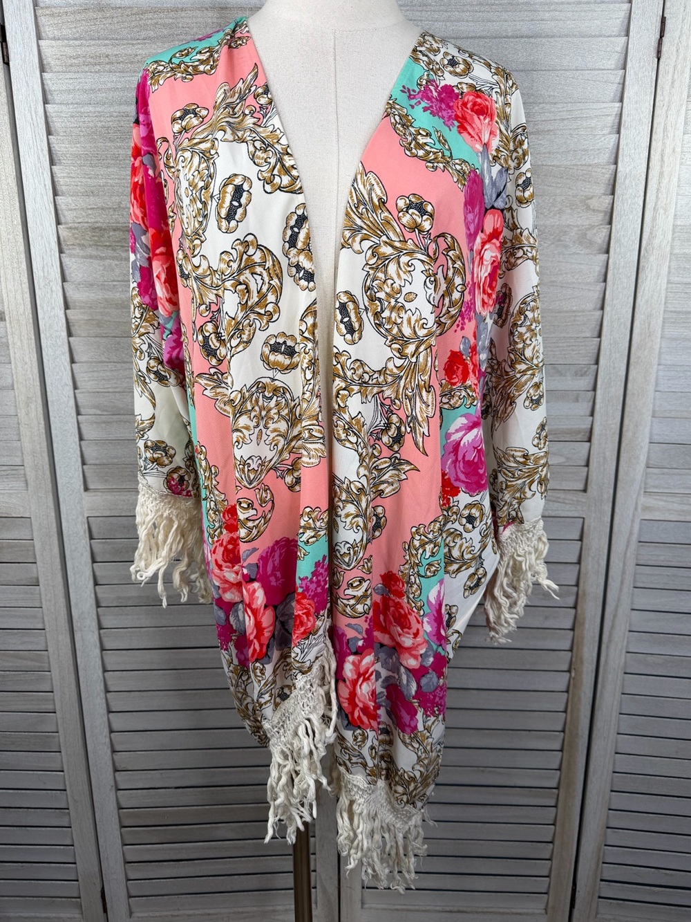 BONGO (Plus) Fringe Trim Open Front Boho Kimono Duster Floral Print Women's-1X